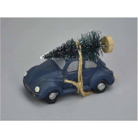 Vintage borgárhátú fenyőfával poly kék karácsonyi autó