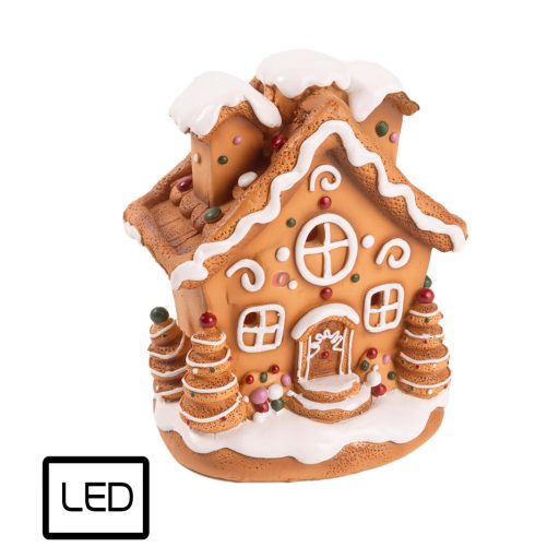 Mézeskalács házikó fenyőfákkal LED-es 12 cm