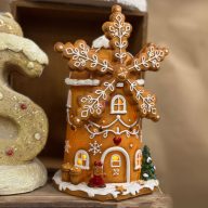 Mézeskalács szélmalom, hópihével LED-es 14*21  cm