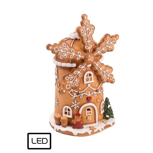 Mézeskalács szélmalom, hópihével LED-es 14*21  cm