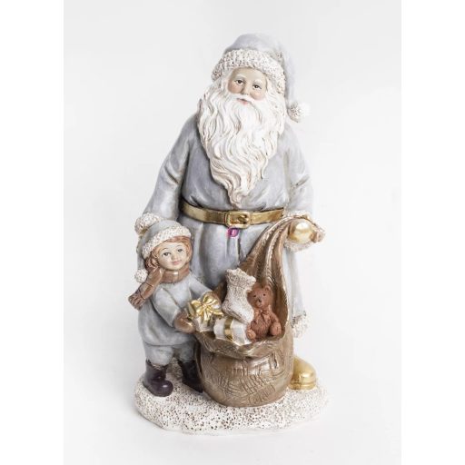 Prémium Mikulás figura zsákkal, kislánnyal 21,5 cm, poly