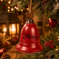 Harang akasztós fém 15cm merry christmas piros, fém