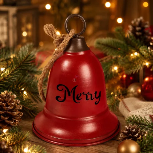 Harang akasztós fém 15cm merry christmas piros, fém