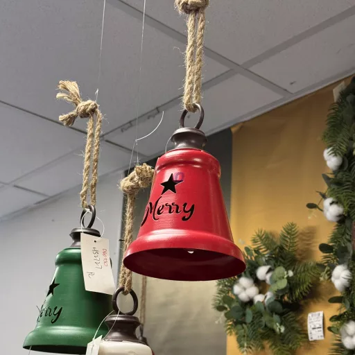 Harang akasztós fém 15cm merry christmas piros, fém