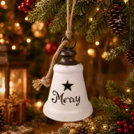 Harang akasztós fém 15cm merry christmas fehér, fém