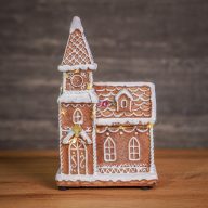 LED-es Mézeskalács templom, elemes poly 19 cm barna