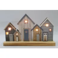 Fa Led-es házsor natúr, kék  24 x 15 cm
