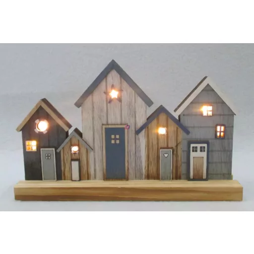 Fa Led-es házsor natúr, kék  24 x 15 cm