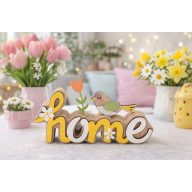 Fa Felirat Home Madár + virággal 12 cm