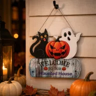 Fa Halloween kopogtató tökkel és macskával, kb. 25 cm