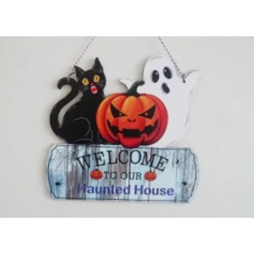 Fa Halloween kopogtató tökkel és macskával, kb. 25 cm
