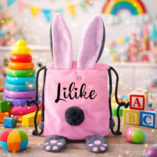 Egyedi, névre szóló nyuszis hátizsák/szütyő gyerekeknek szürke-rózsaszín