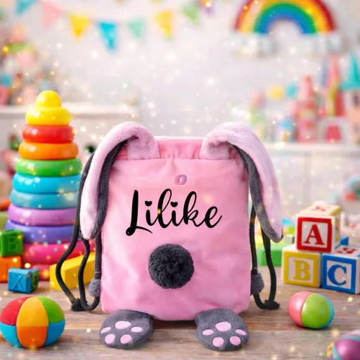 Egyedi, névre szóló nyuszis hátizsák/szütyő gyerekeknek szürke-rózsaszín