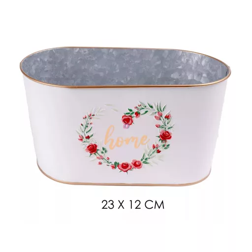Bádog kaspó ovális rózsaszín Home felirattal 23×12.cm