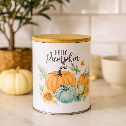 Bádog tartó tetővel – Őszi tök mintával, krém-narancssárga (11 × 14 cm)