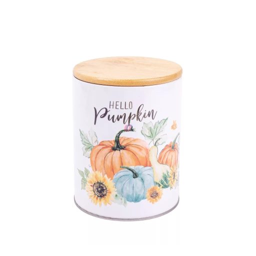 Bádog tartó tetővel – Őszi tök mintával, krém-narancssárga (11 × 14 cm)
