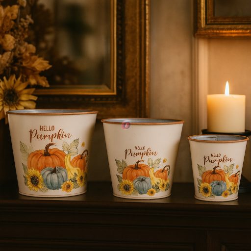 3 darabos ovális bádog kaspó szett – Őszi tök mintával