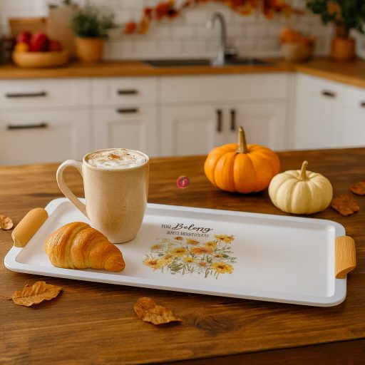 Téglalap alakú bádog tálca – Margaréta mintával, fehér színben (55,5 × 23 cm)