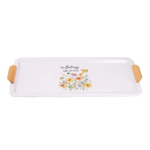 Téglalap alakú bádog tálca – Margaréta mintával, fehér színben (55,5 × 23 cm)