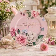   Bádog tálca rózsaszín virág mintával, Beautiful felirattal, kerek, 33×1,5 cm