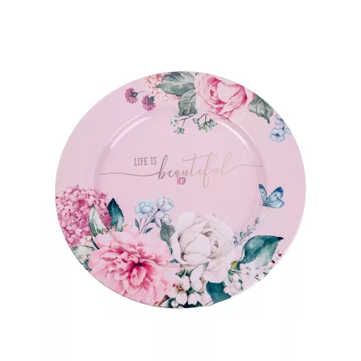 Bádog tálca rózsaszín virág mintával, Beautiful felirattal, kerek, 33×1,5 cm