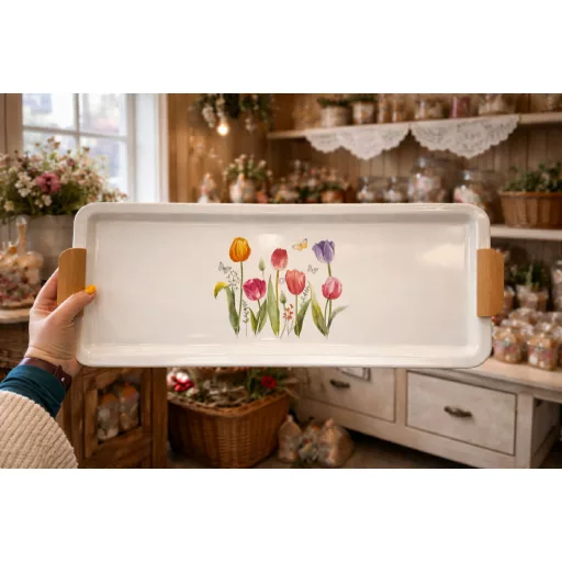 Bádog tálca tégla tulipán mintával 55,5×23 cm