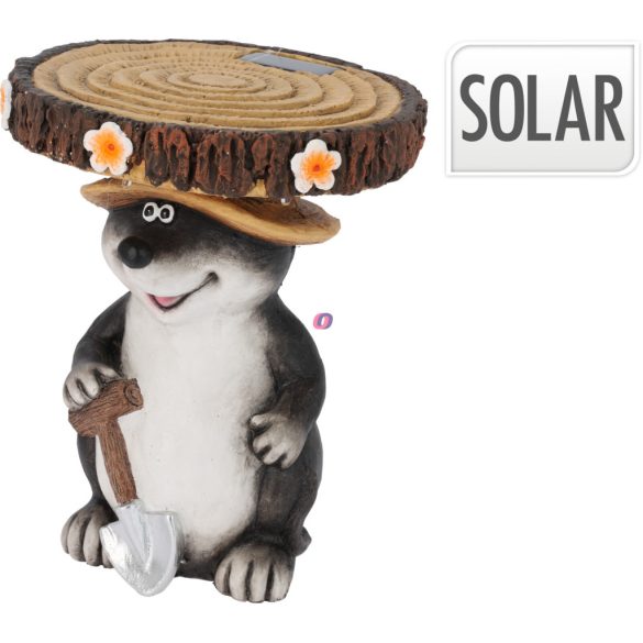 XL Napelemes kerti vakond figura lámpa, polyresin, virágtátó