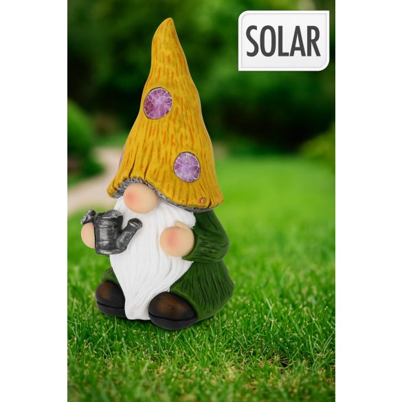 XL Napelemes kerti törpe figura lámpa, polyresin, mozaik üveg lámpákkal