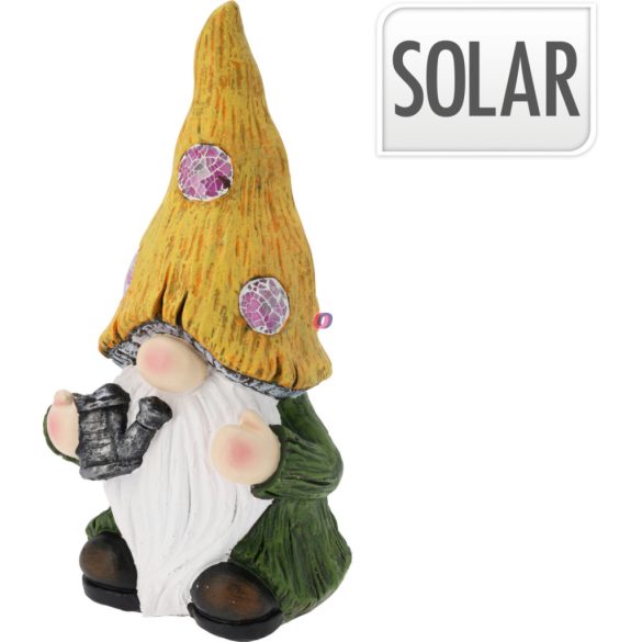 XL Napelemes kerti törpe figura lámpa, polyresin, mozaik üveg lámpákkal