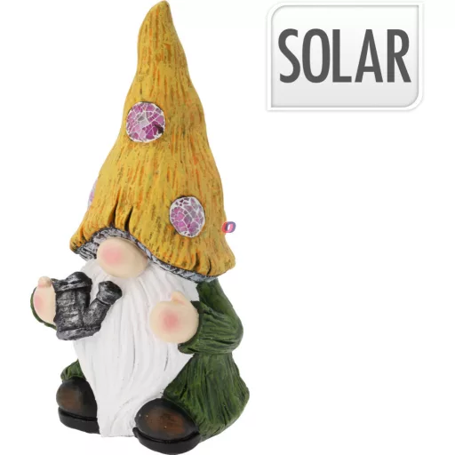 XL Napelemes kerti törpe figura lámpa, polyresin, mozaik üveg lámpákkal