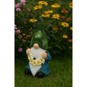   XL Napelemes kerti törpe figura lámpa, 40 cm  polyresin, virág girlanddal