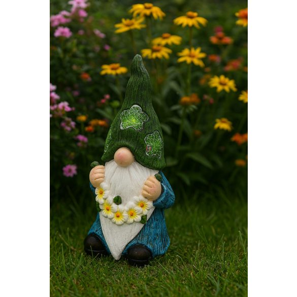 XL Napelemes kerti törpe figura lámpa, 40 cm  polyresin, virág girlanddal