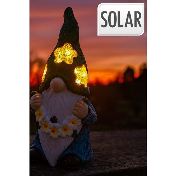 XL Napelemes kerti törpe figura lámpa, 40 cm  polyresin, virág girlanddal