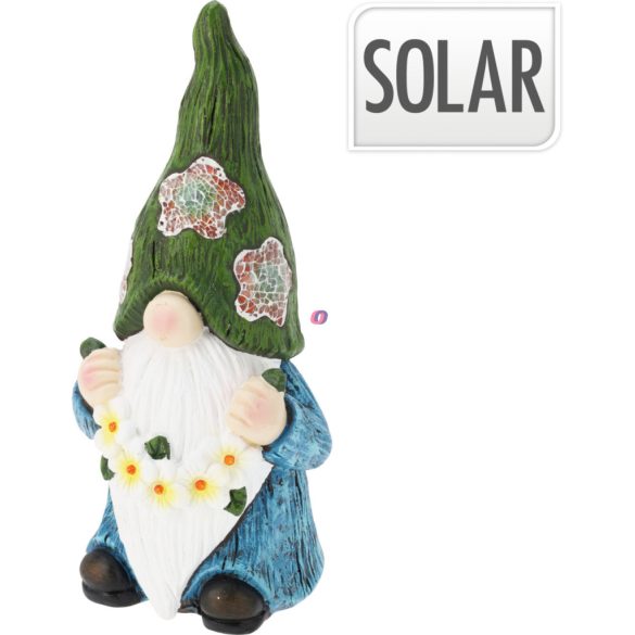 XL Napelemes kerti törpe figura lámpa, 40 cm  polyresin, virág girlanddal
