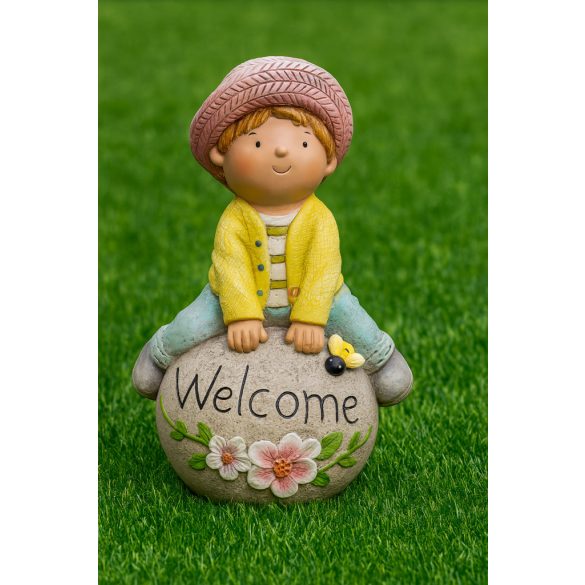 XL Kerti gyerek figura welcome felirattal , kövön ülő 42 cm