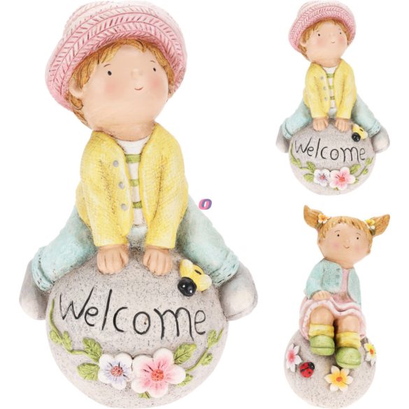 XL Kerti gyerek figura welcome felirattal , kövön ülő 42 cm