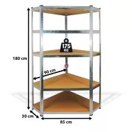   Fémpolc állvány - sarok - 5 szintes - fém - max. 175 kg - 180 x 90 x 30 cm