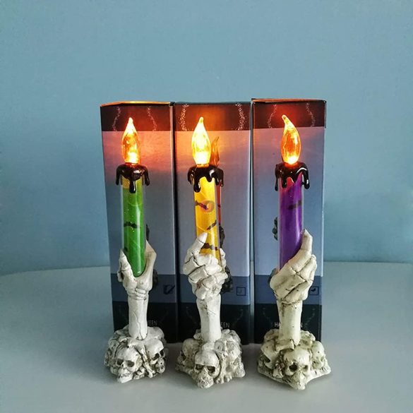 Halloween LED Gyertya 15,5 cm – Narancs, Lila és Zöld Színekben, Elemes