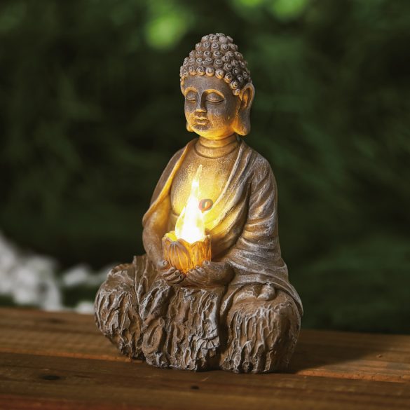 Szolár Buddha gyertyával - 1 melegfehér LED - 12,5 x 8,5 x 19 cm