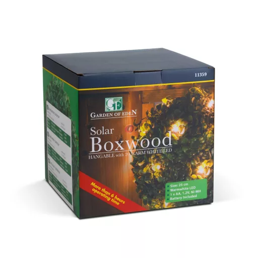 Szolár bukszus - felakasztható - 25 cm - 20 melegfehér LED