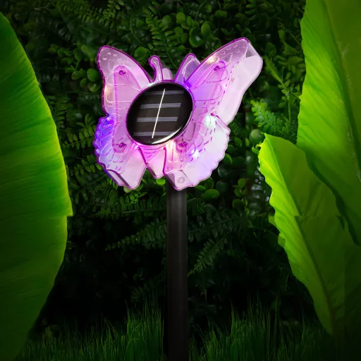 Leszúrható szolár pillangó - lila - 13 x 6,5 x 35 cm - melegfehér + színes LED