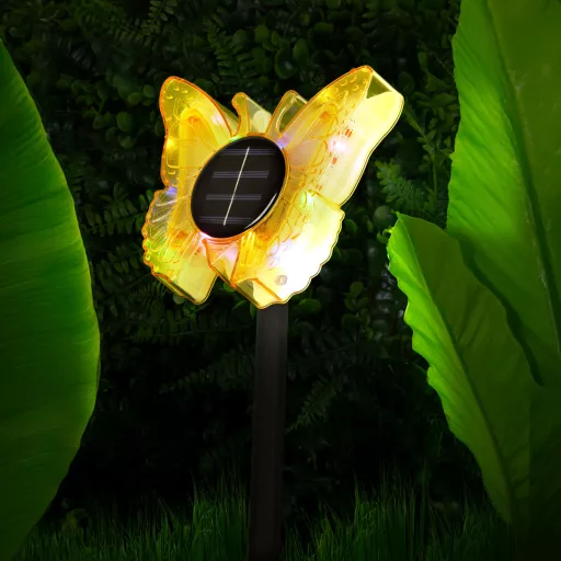 Leszúrható szolár pillangó - sárga - 13 x 6,5 x 35 cm - melegfehér + színes LED