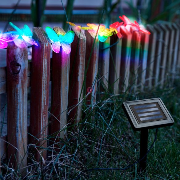 Napelemes pillangó fényfüzér, szolár 2,9 m színes, 10 LED