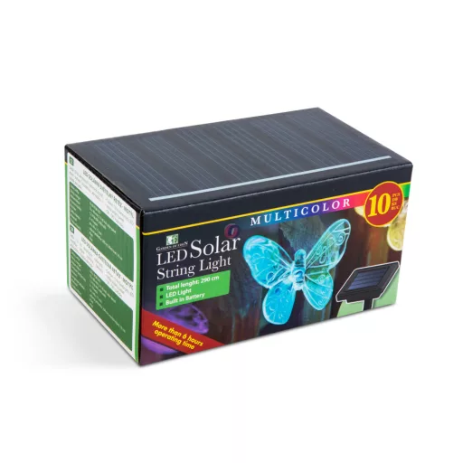 Napelemes pillangó fényfüzér, szolár 2,9 m színes, 10 LED