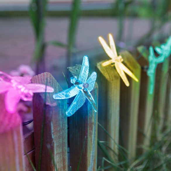 Napelemes szitakötő fényfüzér, szolár 2,9 m színes, 10 LED