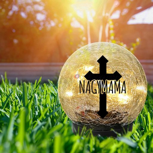 XL egyedi neves napelemes Sírdísz üveggömb 12 cm kereszttel 15  led