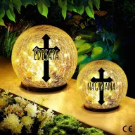   XL egyedi neves napelemes Sírdísz üveggömb 15 cm kereszttel 20 led