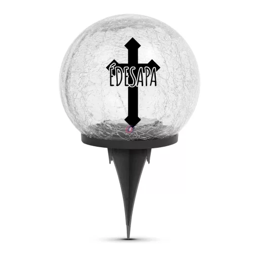 XL egyedi neves napelemes Sírdísz üveggömb 15 cm kereszttel 20 led