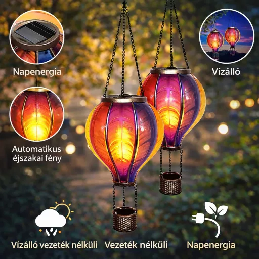 Napelemes hőlégballon, felakasztható - lángeffekt 12 LED 37 cm