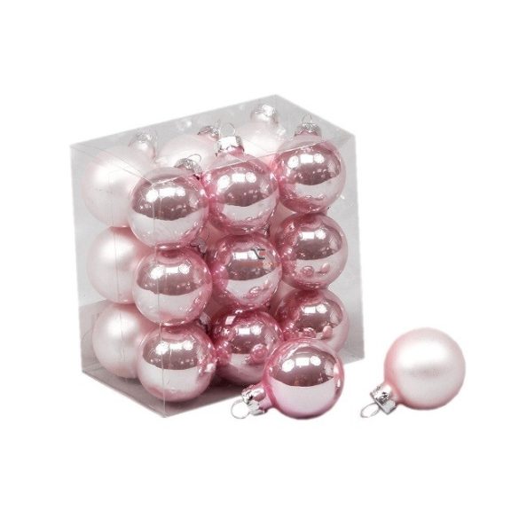 Gömbdísz üveg 3cm rózsaszín fényes-matt 18 db-os Karácsonyfa gömb
